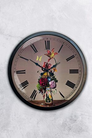 40 Cm Siyah Metal Çiçek Duvar Saati