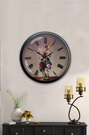 40 Cm Siyah Metal Çiçek Duvar Saati