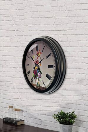 40 Cm Siyah Metal Çiçek Duvar Saati