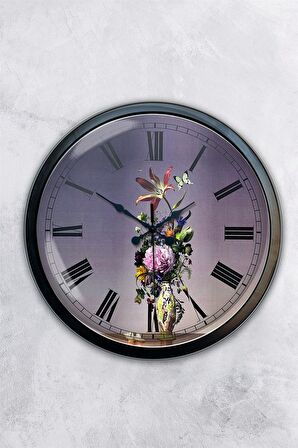 40 Cm Siyah Metal Çiçek Duvar Saati