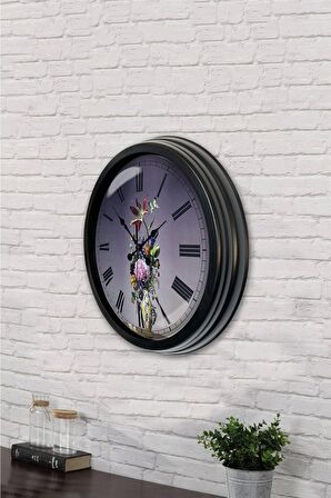 40 Cm Siyah Metal Çiçek Duvar Saati