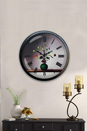 40 Cm Siyah Metal Çiçek Duvar Saati
