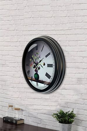 40 Cm Siyah Metal Çiçek Duvar Saati