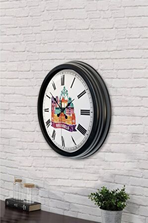 40 Cm Siyah Metal Brussels Temalı Duvar Saati