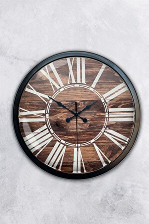 40 Cm Siyah Metal Ahşap Görünümlü Duvar Saati