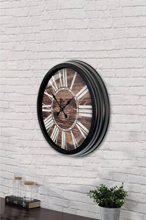 40 Cm Siyah Metal Ahşap Görünümlü Duvar Saati