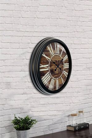40 Cm Siyah Metal Ahşap Görünümlü Duvar Saati