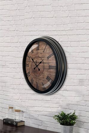 40 Cm Siyah Metal Ahşap Görünümlü Duvar Saati