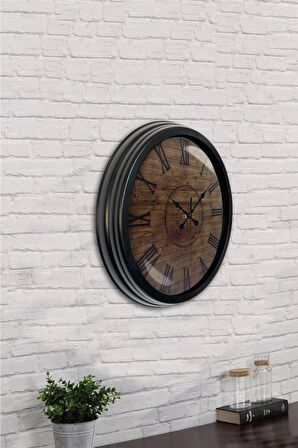 40 Cm Siyah Metal Ahşap Görünümlü Duvar Saati
