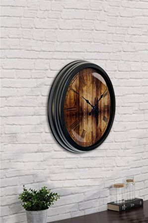 40 Cm Siyah Metal Ahşap Görünümlü Duvar Saati