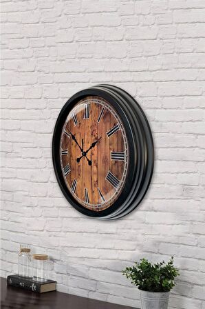 40 Cm Siyah Metal Ahşap Görünümlü Duvar Saati