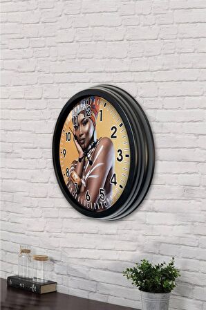 40 Cm Siyah Metal Afrikalı Kadın Duvar Saati