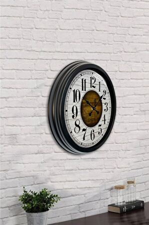 40 Cm Siyah Metal Ahşap Beyaz Duvar Saati