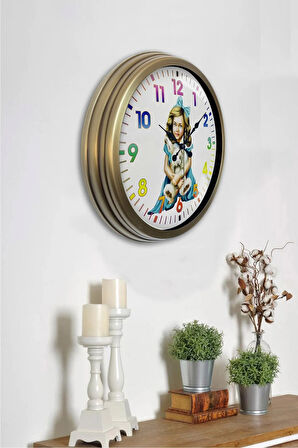 Hediyelik 40 Cm Eskitme Metal Genç Kız Duvar Saati