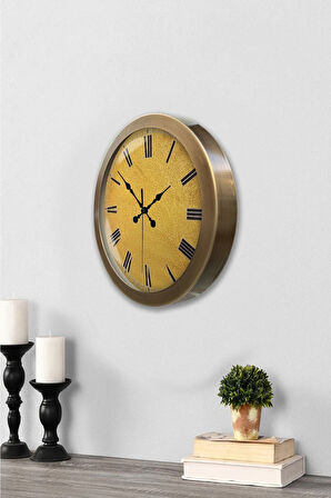 36 cm Eskitme Metal Sarı Duvar Saati
