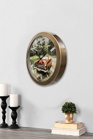 Hediyelik 36 cm Eskitme Metal Klasik Araba Duvar Saati