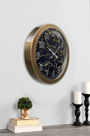 Hediyelik 36 Cm Eskitme Metal Siyah Mermer Duvar Saati