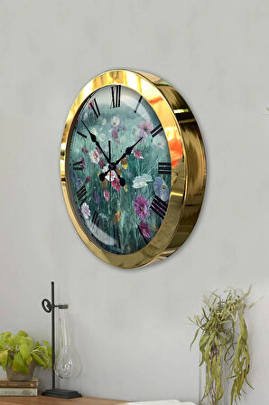 Hediyelik 36 Cm Gold Metal Çiçek Duvar Saati