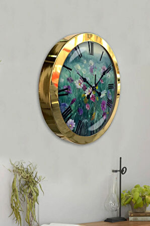 Hediyelik 36 Cm Gold Metal Çiçek Duvar Saati