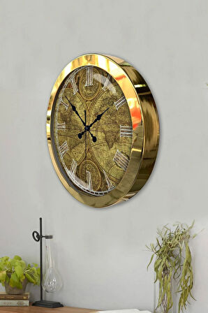 Hediyelik 36 Cm Gold Metal Harita Duvar Saati