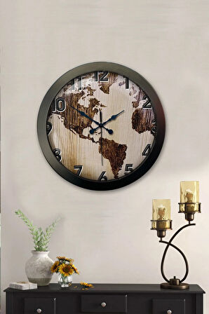 Hediyelik 36 Cm Siyah Metal Harita Duvar Saati