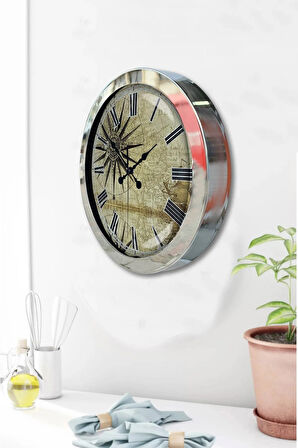 Hediyelik 36 Cm Krom Metal Maps Duvar Saati
