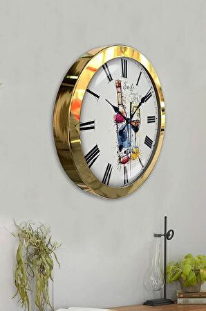 Hediyelik 36 Cm Gold Metal Bar Duvar Saati