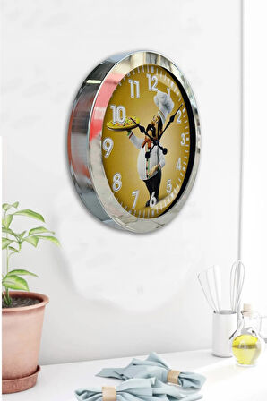 Hediyelik 36 Cm Krom Metal Aşçı Mutfak Duvar Saati