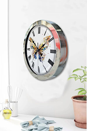 Hediyelik 36 Cm Krom Metal Kelebek Duvar Saati