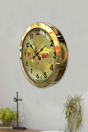 Hediyelik 36 Cm Gold Metal Harita Duvar Saati