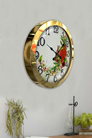 Hediyelik 36 Cm Gold Metal Çiçek Duvar Saati