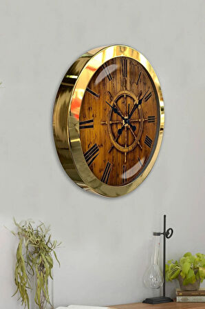Hediyelik 36 Cm Gold Metal Dümen Duvar Saati