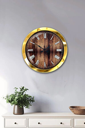 Hediyelik 36 Cm Gold Metal Wood Duvar Saati