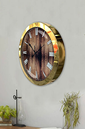 Hediyelik 36 Cm Gold Metal Wood Duvar Saati