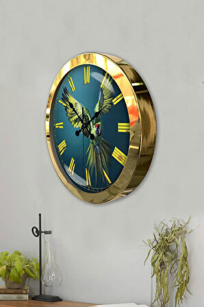 Hediyelik 36 Cm Gold Metal Papağan Duvar Saati