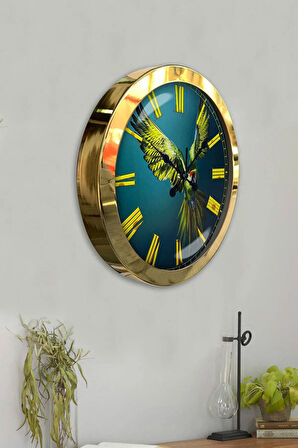 Hediyelik 36 Cm Gold Metal Papağan Duvar Saati
