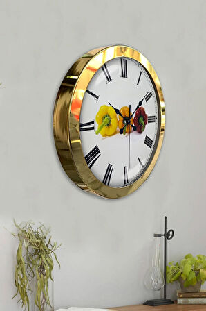 Hediyelik 36 Cm Gold Metal Mutfak Duvar Saati