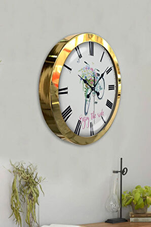 Hediyelik 36 Cm Gold Metal Bisiklet Duvar Saati