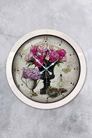 Hediyelik 36 Cm Beyaz Metal Pembe Çiçek Duvar Saati