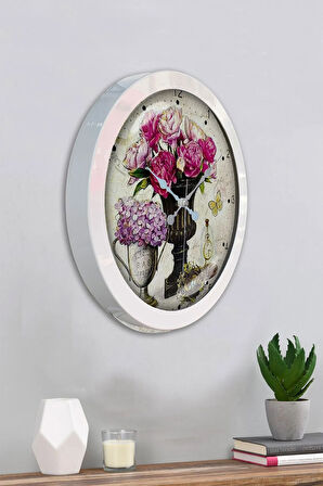 Hediyelik 36 Cm Beyaz Metal Pembe Çiçek Duvar Saati