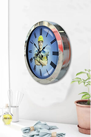 Hediyelik 36 Cm Krom Metal Inşaat Sektörü Duvar Saati