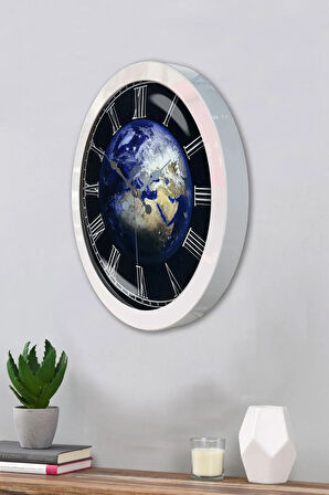 Hediyelik 36 Cm Beyaz Metal Dünya Duvar Saati