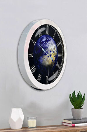 Hediyelik 36 Cm Beyaz Metal Dünya Duvar Saati