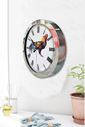 Hediyelik 36 Cm Krom Metal Horoz Duvar Saati