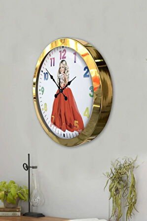 Hediyelik 36 Cm Gold Metal Genç Kız Duvar Saati
