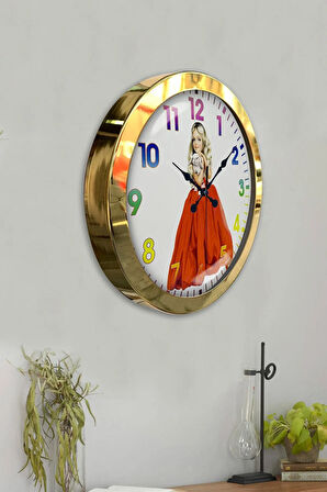 Hediyelik 36 Cm Gold Metal Genç Kız Duvar Saati