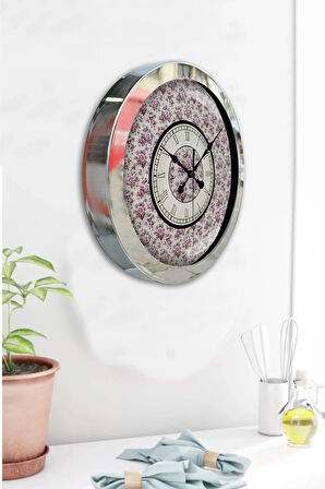 Hediyelik 36 Cm Krom Metal Mor Çiçek Duvar Saati