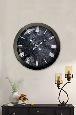 Hediyelik 36 Cm Siyah Metal Roma Mermer Desenli Duvar Saati