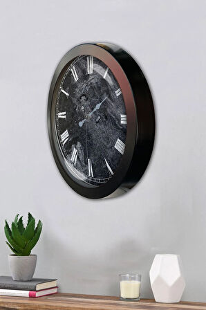Hediyelik 36 Cm Siyah Metal Roma Mermer Desenli Duvar Saati