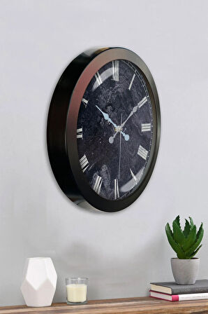 Hediyelik 36 Cm Siyah Metal Roma Mermer Desenli Duvar Saati